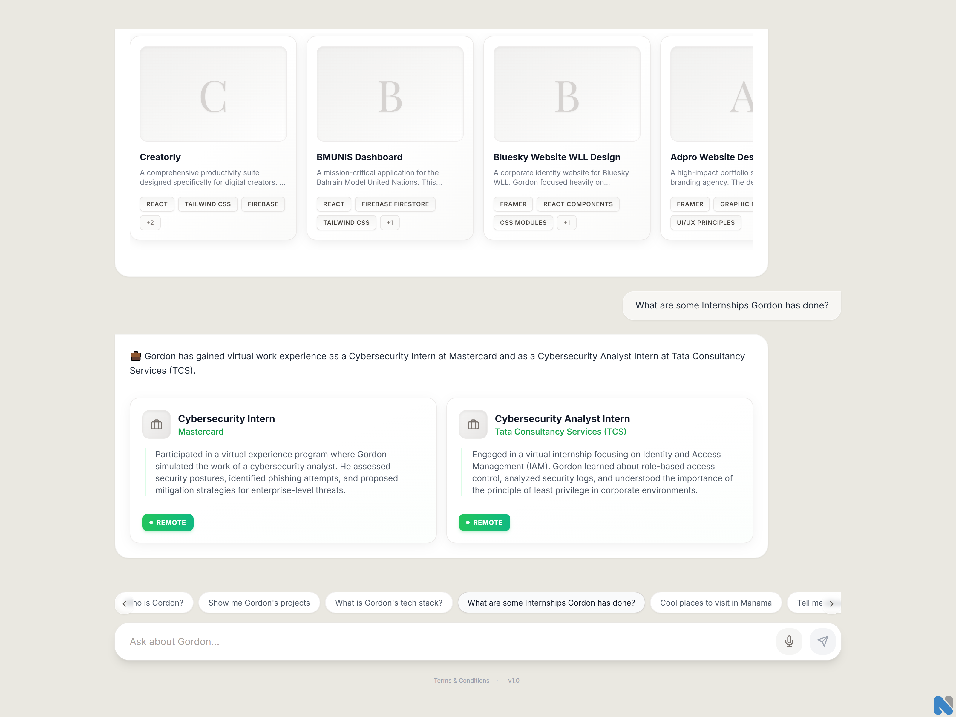 Don AI - Gordon's Portfolio AI Chatbot Screenshot. Gordon Godwin Edacheril's AI assistant and developer portfolio web app, built with React, TypeScript, Vite, and Tailwind. Top student developer from Bahrain.